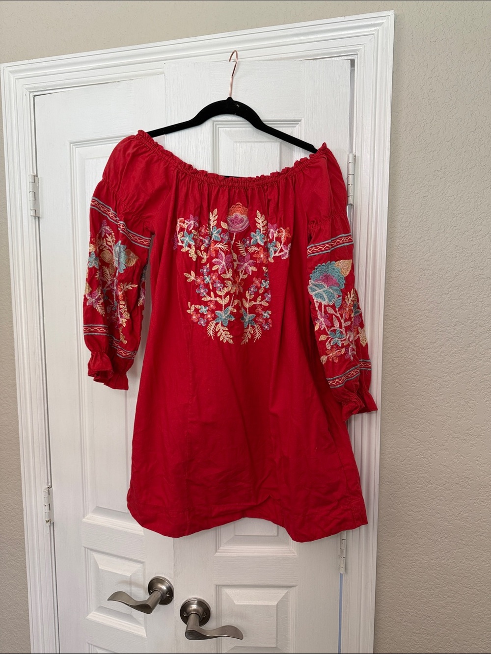 Free People Red Embroidered Off-Shoulder Mini Dress